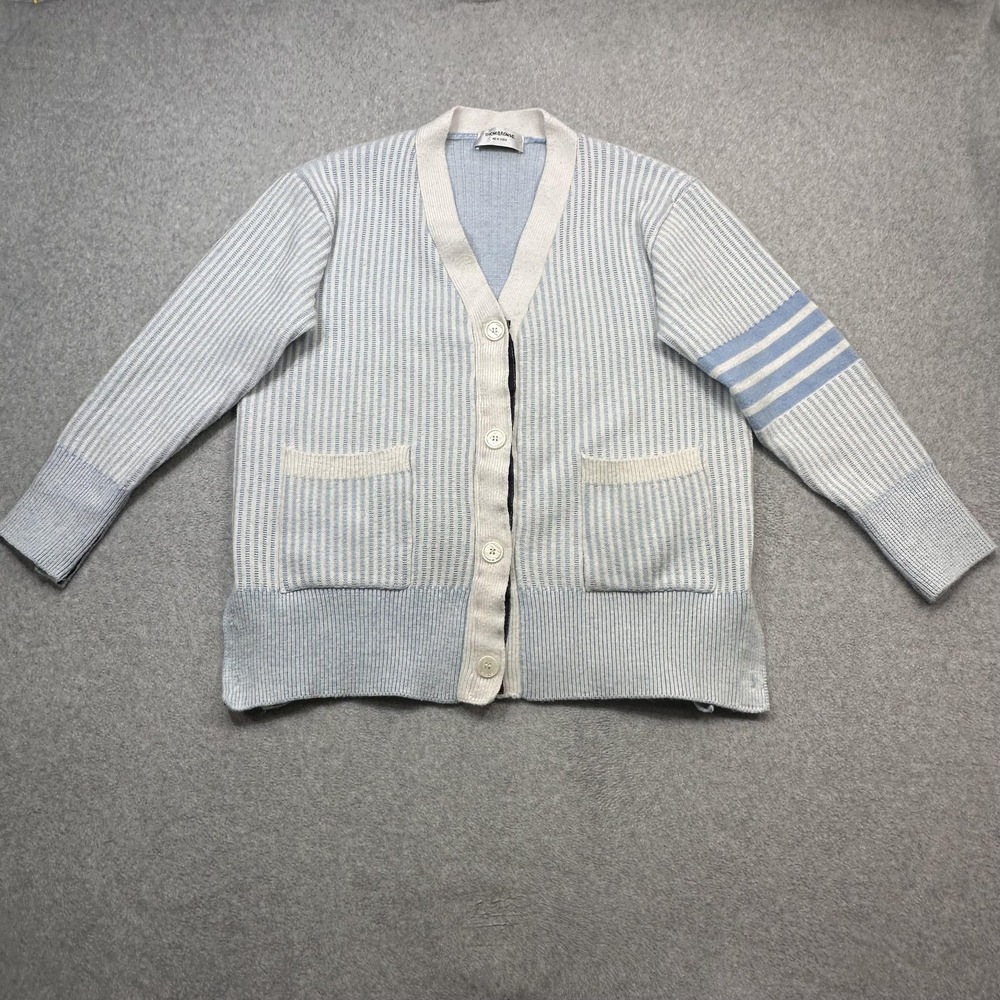 Thom Browne Cardigan Sweater Women Large Blue Stripe 4 Bar Pockets Nautical